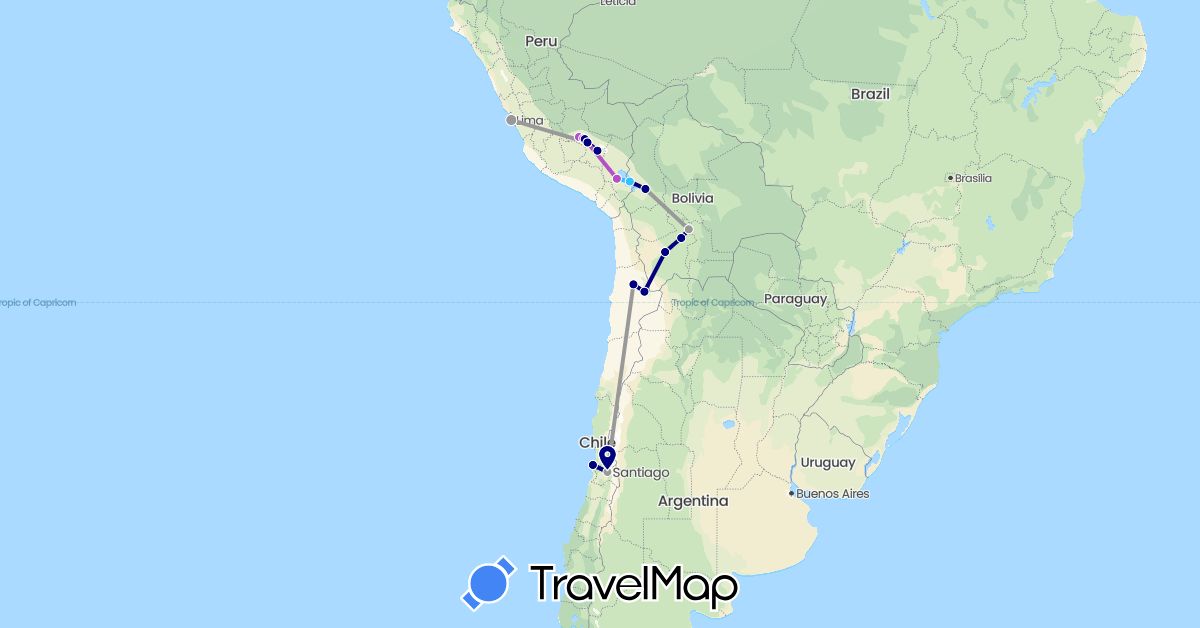 TravelMap itinerary: driving, plane, train, boat in Bolivia, Chile, Peru (South America)